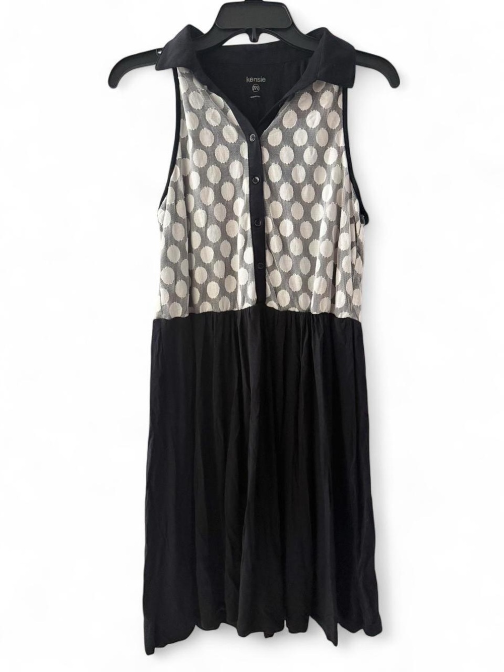 kensie Black and White Polka Dot Sleeveless Collared Mini Dress